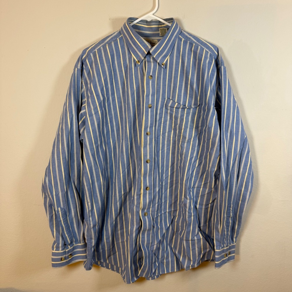 LL Bean Mens Blue Yellow Stripe Long Sleeve Button Down Casual Shirt‎ L Reg